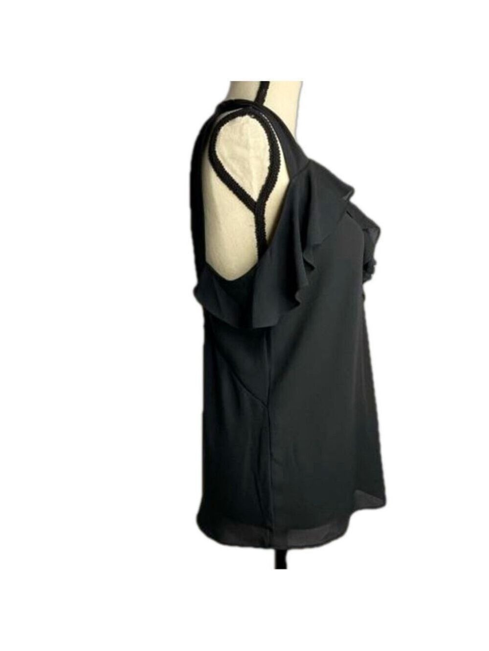 Express Black Ruffle Front 3 Button Top Small Petite - Picture 3 of 8